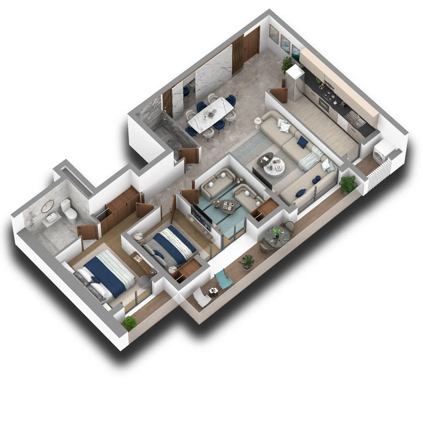 Plan 3D d’un appartement F4 à Marsa Blanca par Coralia Premium