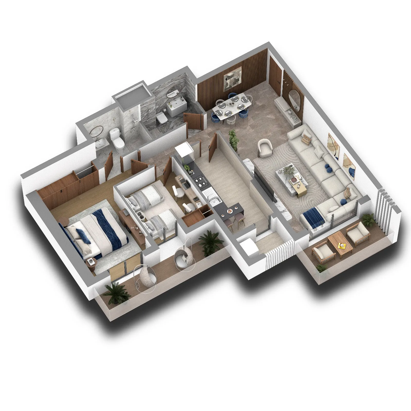 Plan 3D d’un appartement F3 à Marsa Blanca par Coralia Premium