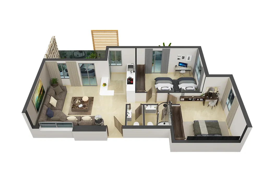 Plan 3D appartement F3 avec salon, cuisine, chambres et terrasse Bouznika