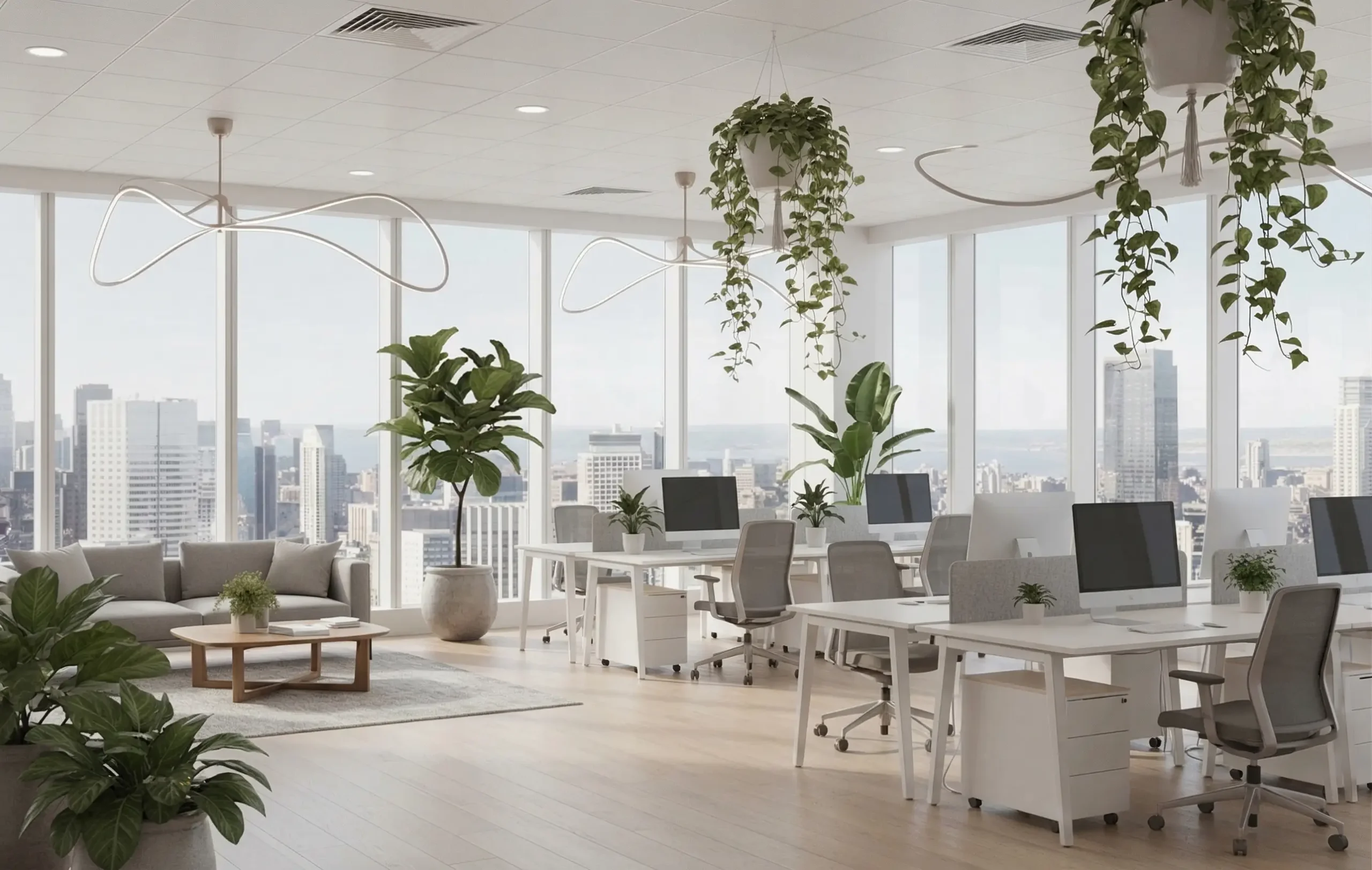 Bureau moderne avec grandes baies vitrées, plantes et mobilier contemporain
