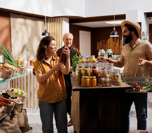 Clients échangeant avec un commerçant dans une épicerie de produits locaux