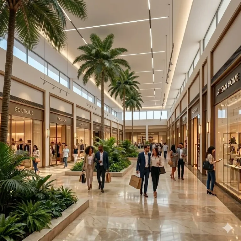 Galerie commerciale contemporaine avec boutiques et espaces paysagers à Oujda City Center