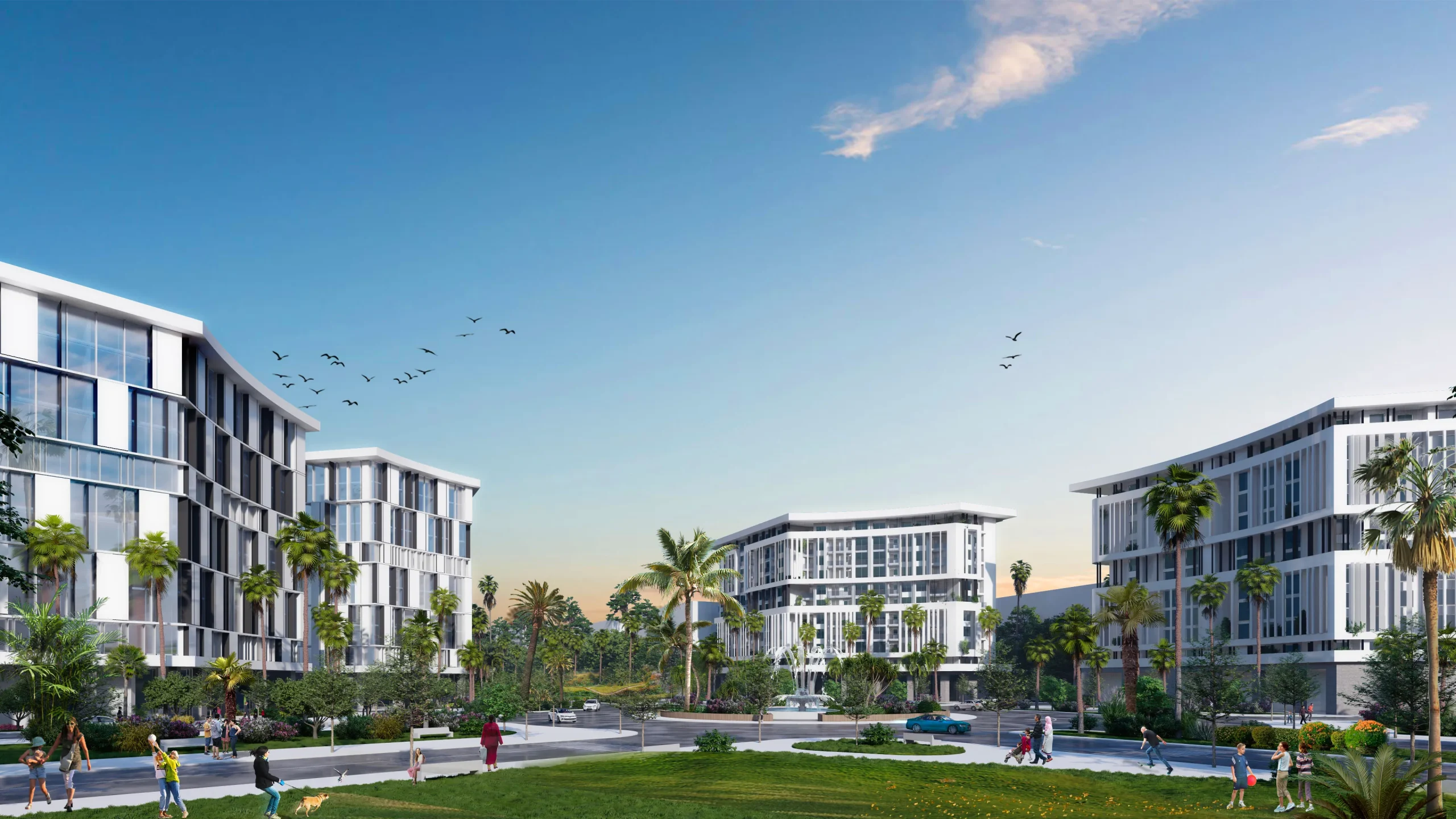 Résidences modernes avec jardin paysager et fontaine au sein du projet Oujda City Center par Coralia Premium