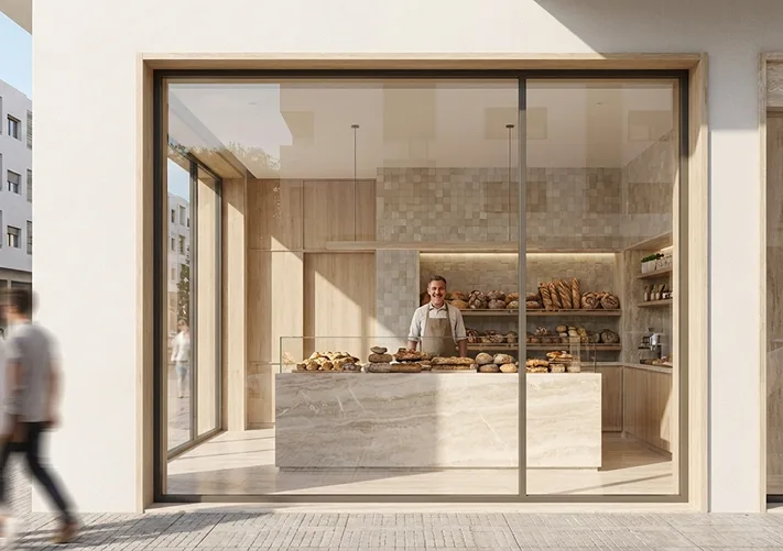 Boulangerie moderne avec grande vitrine en rez-de-chaussée de résidence contemporaine