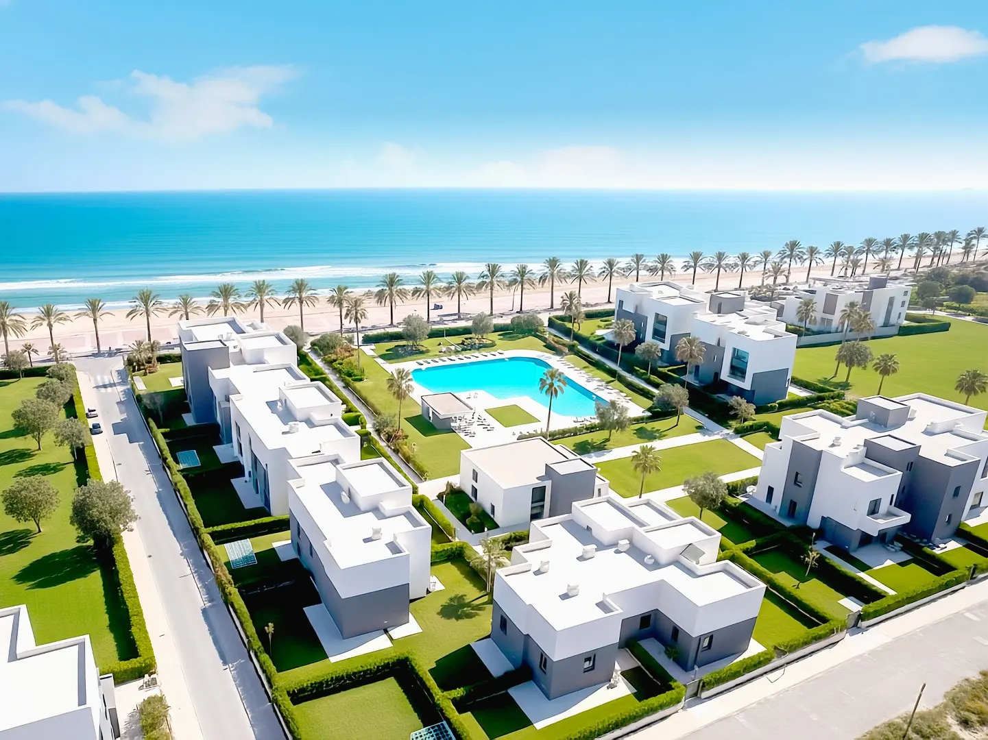 Vue aérienne de la résidence Marsa Blanca à Dar Bouazza avec villas, piscine et plage en bord de mer.