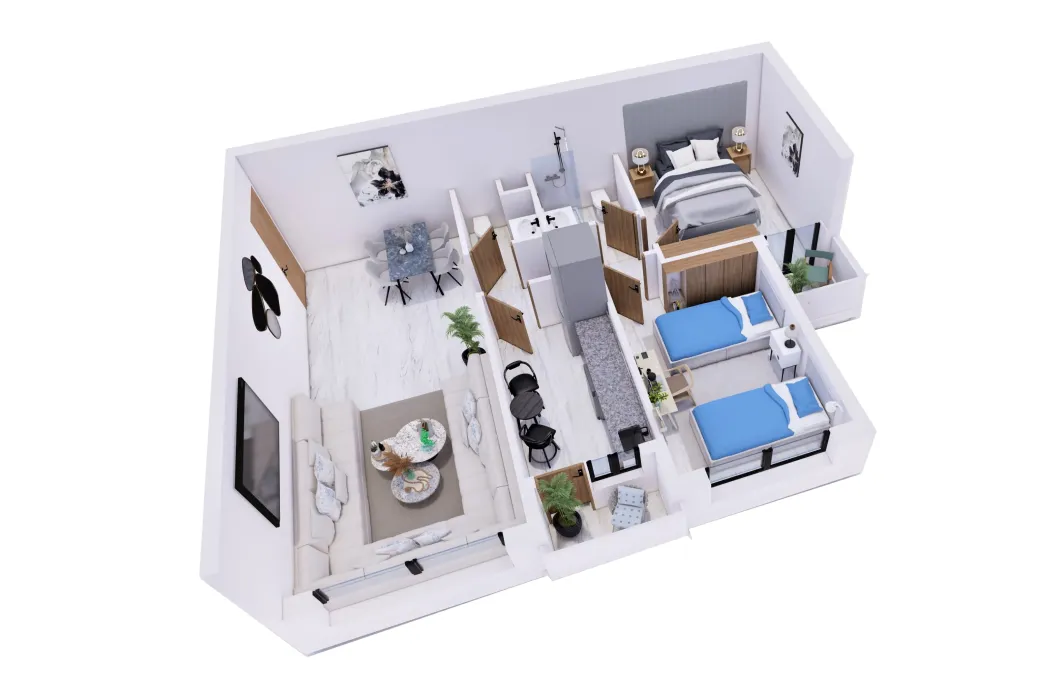 Plan de distribution d’un appartement F3 du programme immobilier Coralia à Oujda, îlot 5