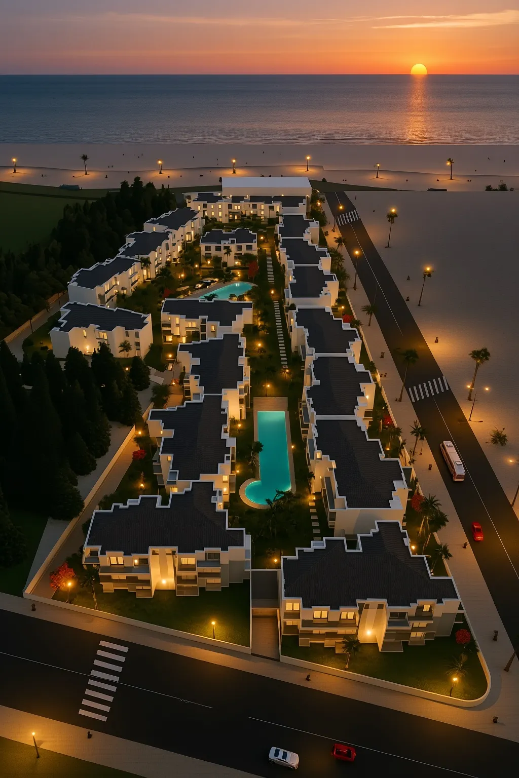 Vue nocturne plan de masse résidence Marsa Blanca, Dar Bouazza