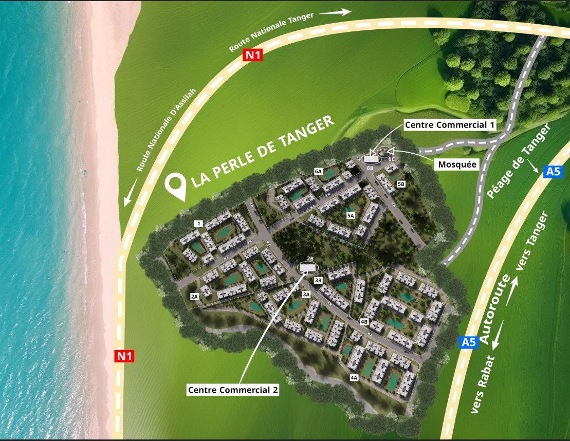 Plan de masse du projet immobilier La Perle de Tanger situé en bord de mer avec résidences, piscines et espaces verts