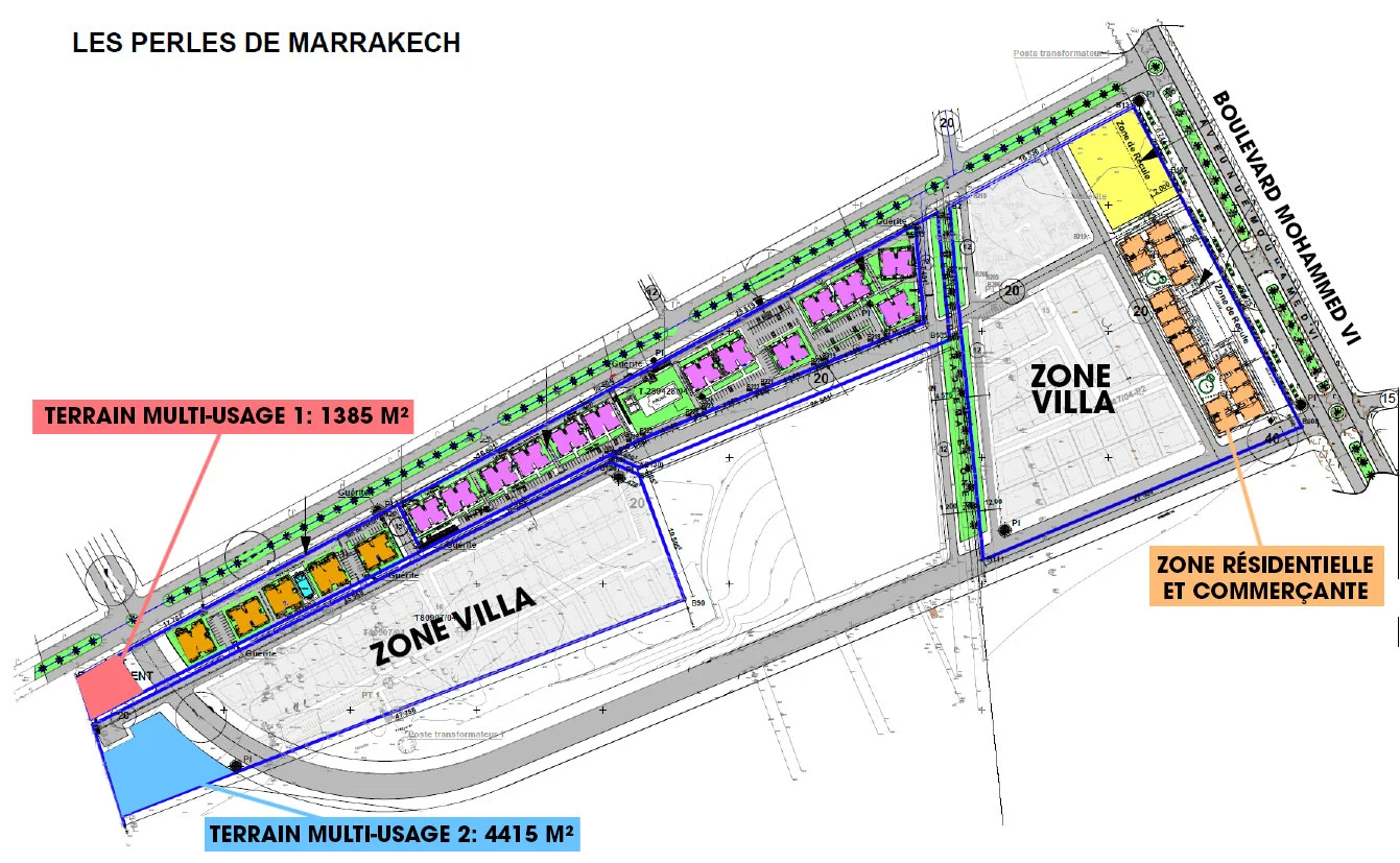 Plan d’aménagement du programme immobilier Les Perles de Marrakech avec zones villas et résidentielles.