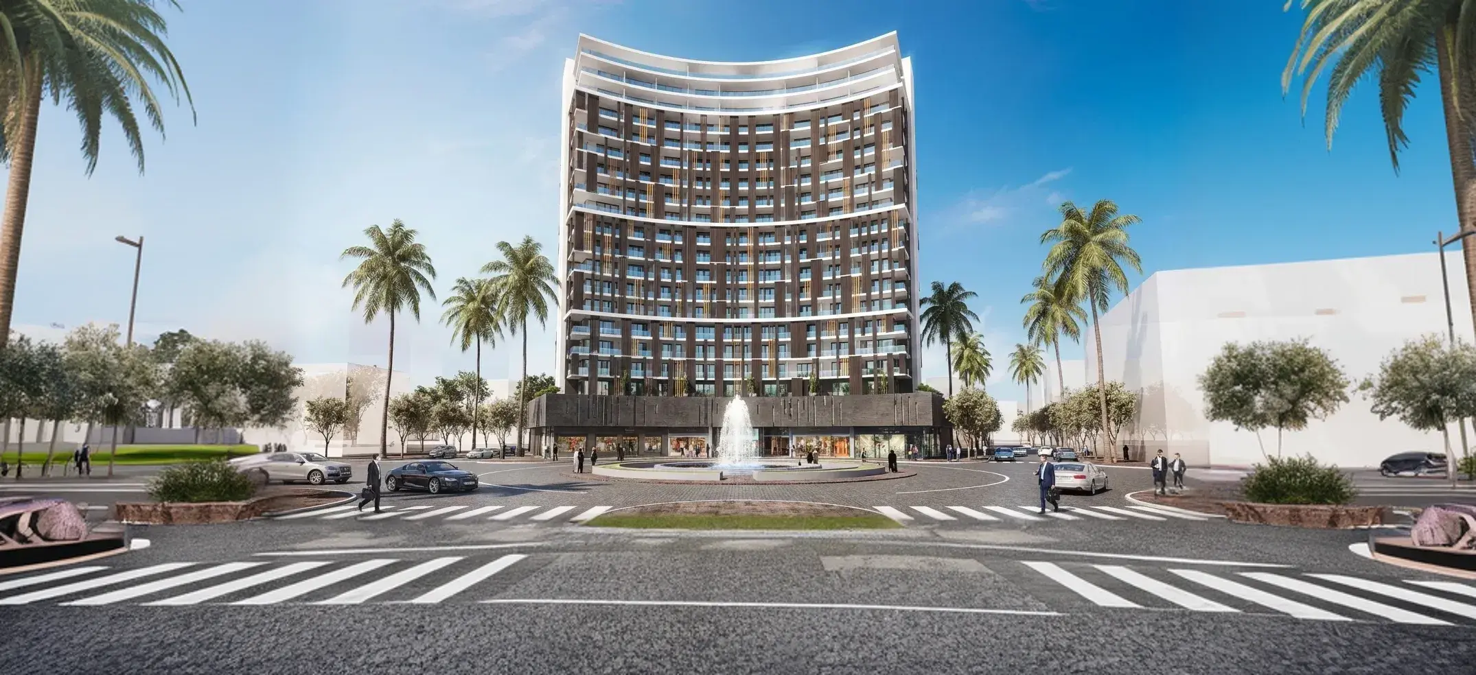 Résidence haut standing avec commerces et fontaine au centre-ville au Maroc