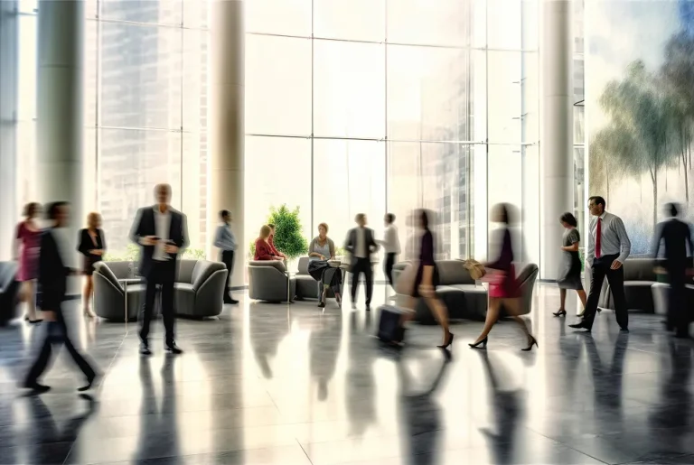 Hall moderne d’un immeuble de bureaux avec professionnels en déplacement