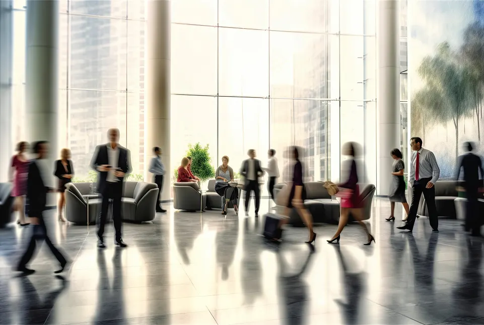 Hall moderne d’un immeuble de bureaux avec professionnels en déplacement