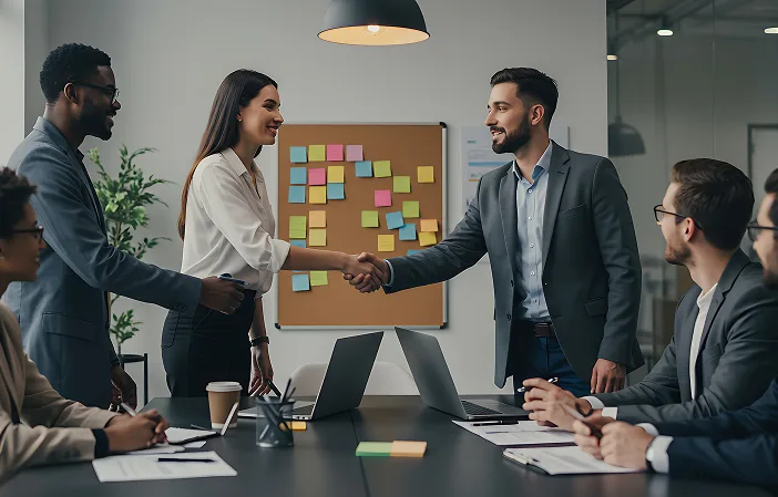 Professionnels se serrant la main lors d’une réunion dans un bureau moderne