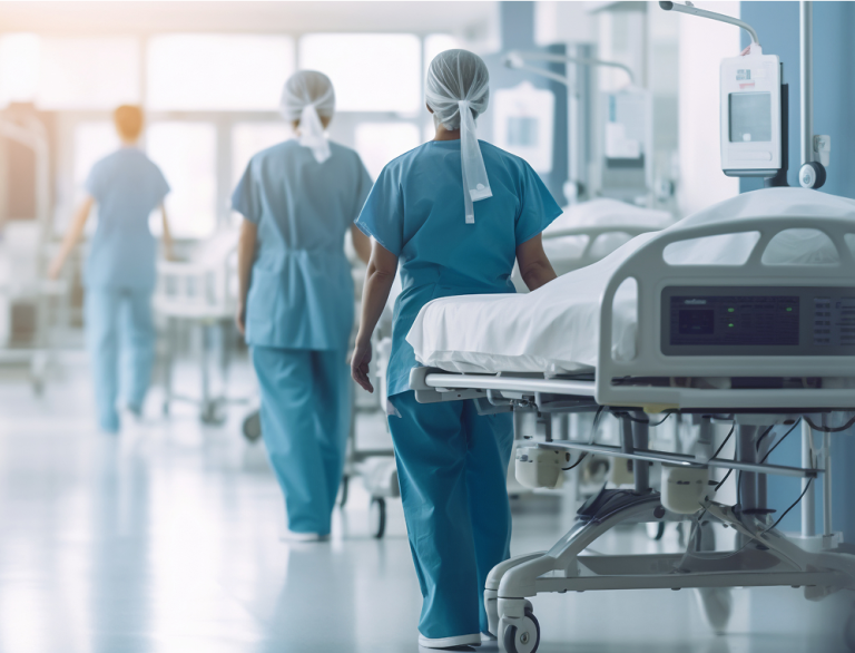 Personnel médical dans un service hospitalier moderne avec équipements de soins
