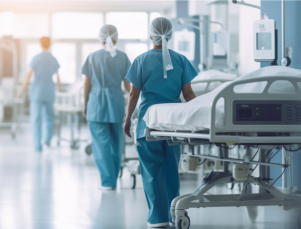 Personnel médical dans un service hospitalier moderne avec équipements de soins