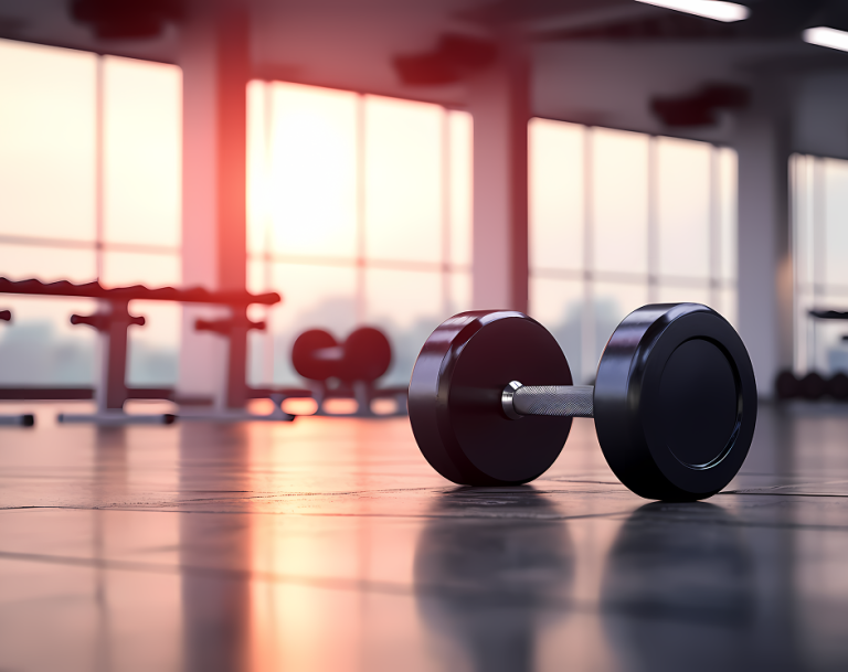 Haltère posé au sol dans une salle de sport moderne et lumineuse
