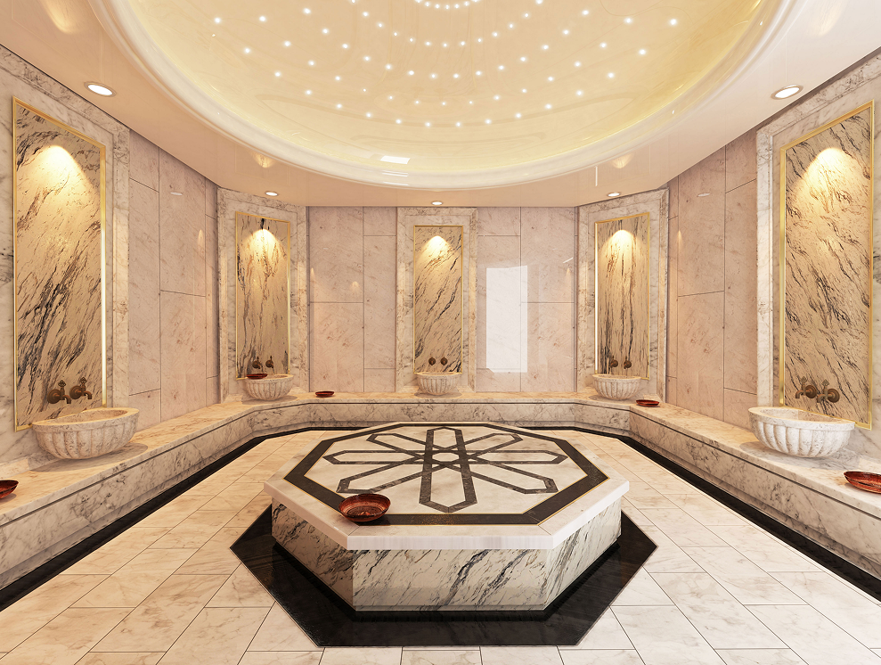 Hammam spa luxueux en marbre avec fontaines et éclairage décoratif intérieur