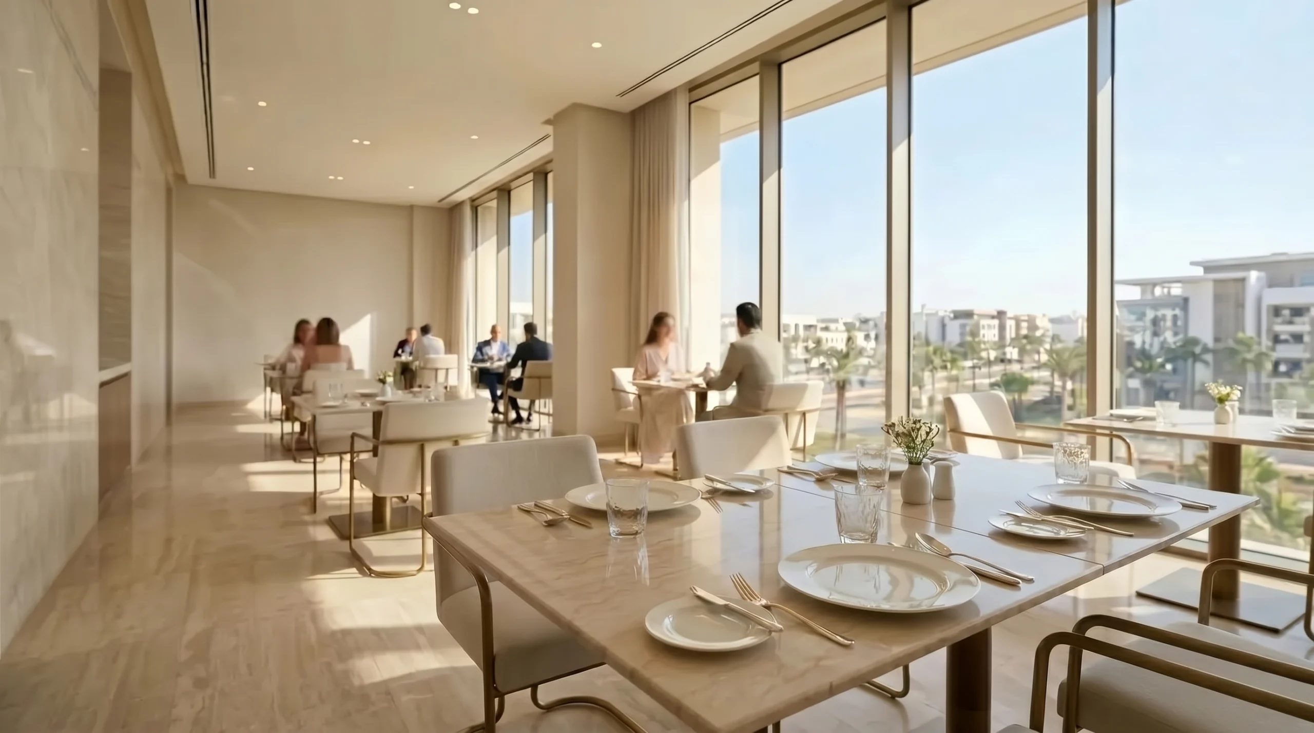 Restaurant moderne et lumineux avec vue sur un quartier résidentiel haut standing