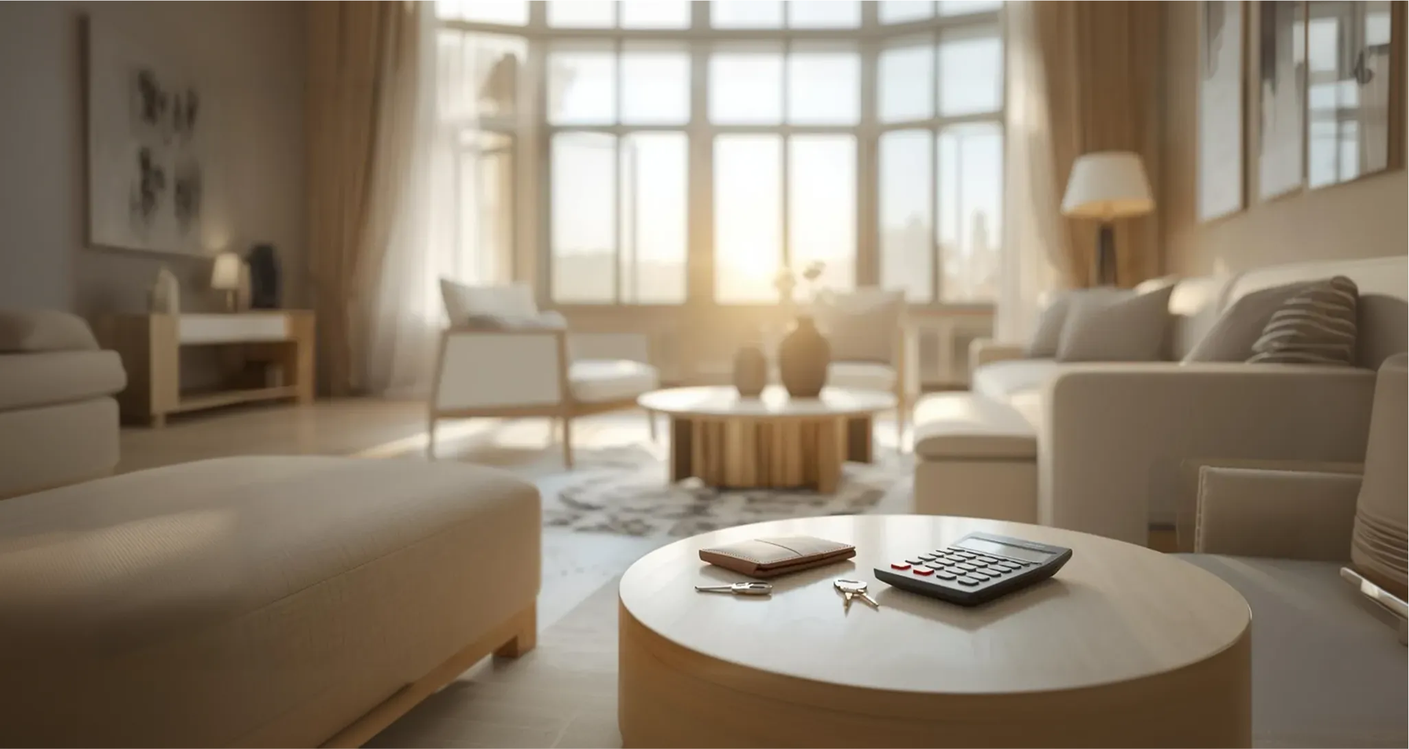 Salon moderne et lumineux d’un appartement avec table basse, canapé et lumière naturelle