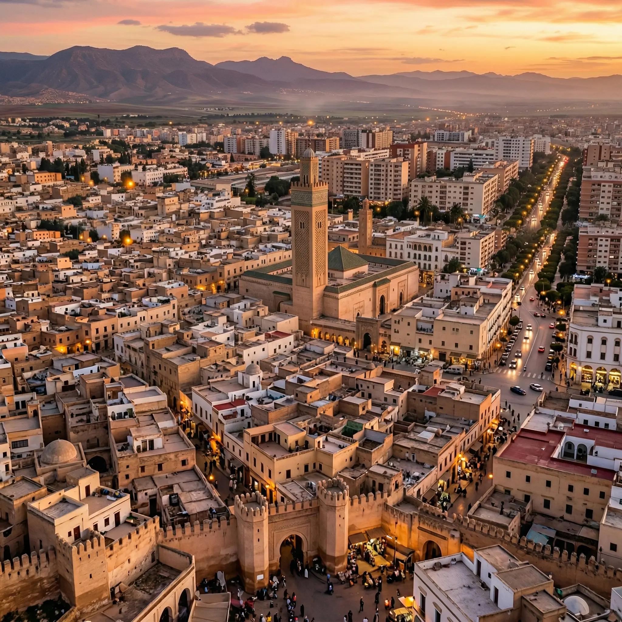 Panorama de la médina d’Oujda avec sa mosquée, ses remparts et les montagnes en arrière-plan au coucher du soleil