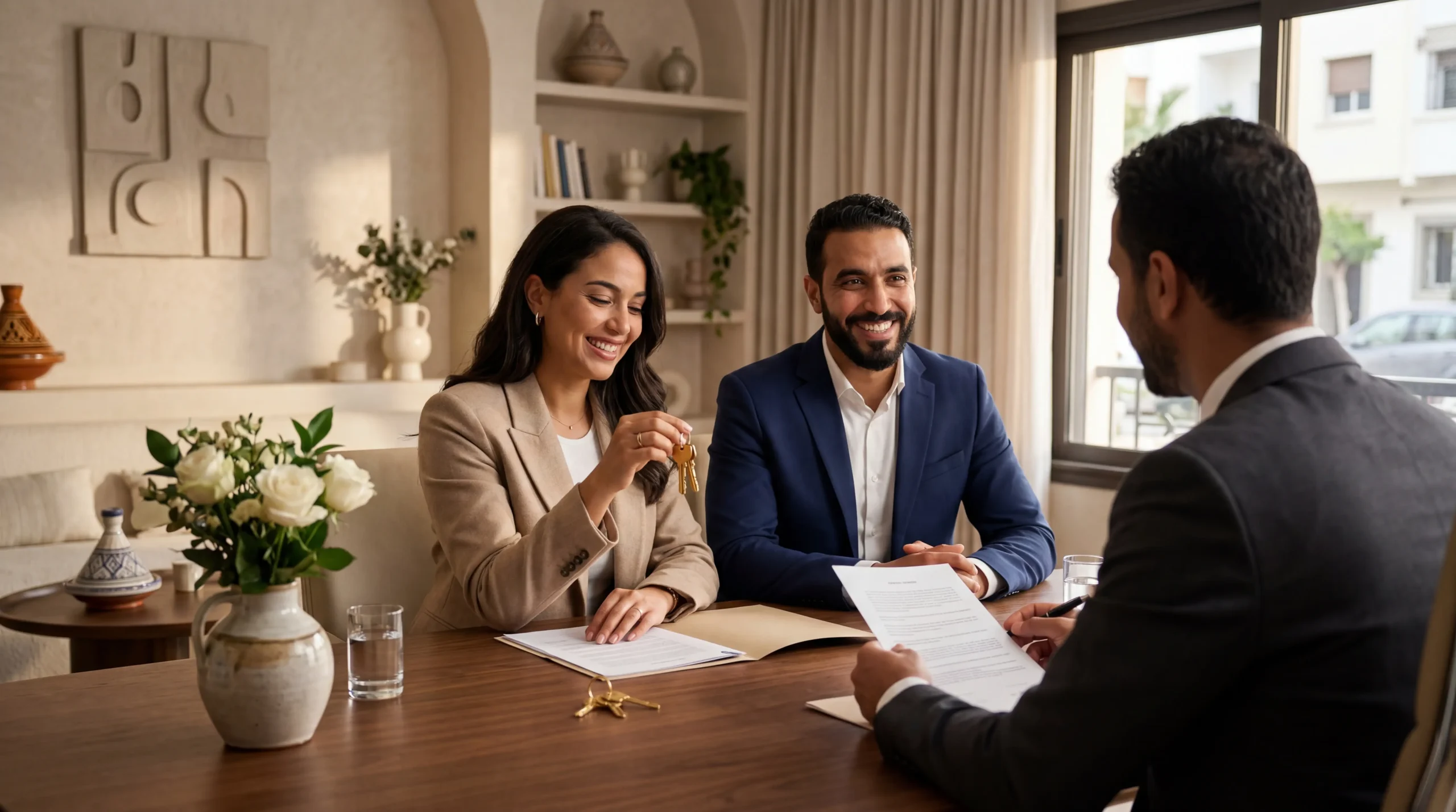 Couple signant un contrat immobilier et recevant les clés d’un appartement avec un conseiller