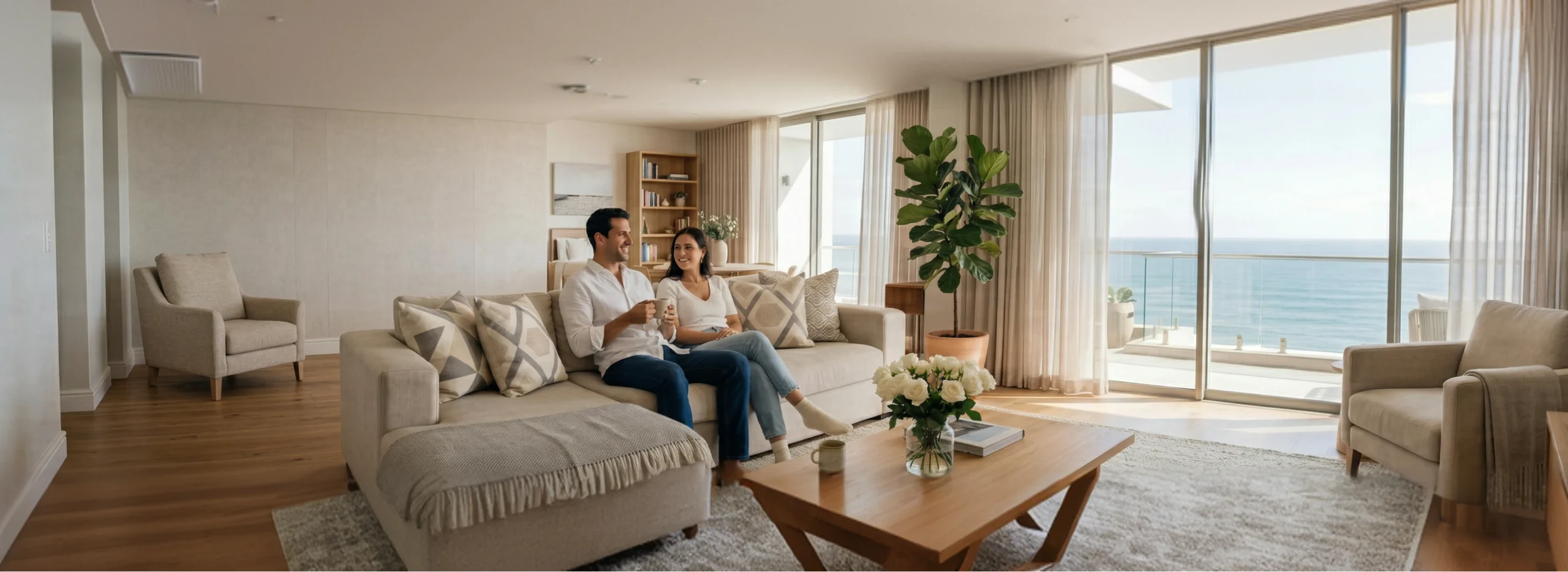 Couple assis dans un appartement moderne lumineux avec terrasse et vue sur l’océan